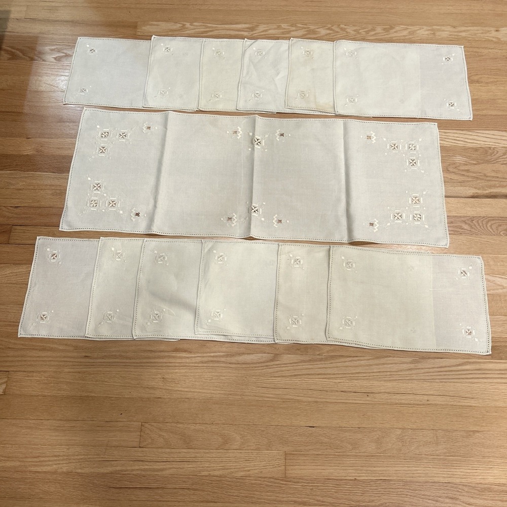 Vintage Linen Table Runner 12 Placemats Set Ladder Hemstitch Whitework